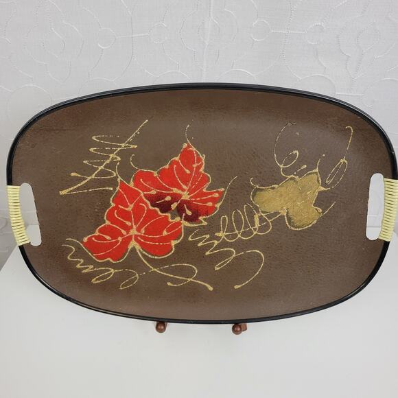 Vintage Tilso Japan Kitchen Service Tray Brown Hand Painted Autumn Fall Leaves - Picture 7 of 8